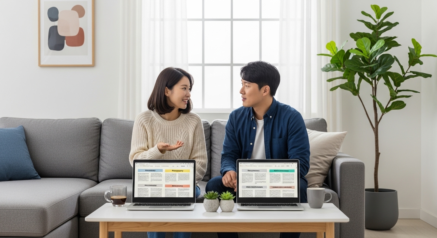 현대적인 거실에서 노트북을 열고 다양한 관계 유형을 비교하는 한국인 커플