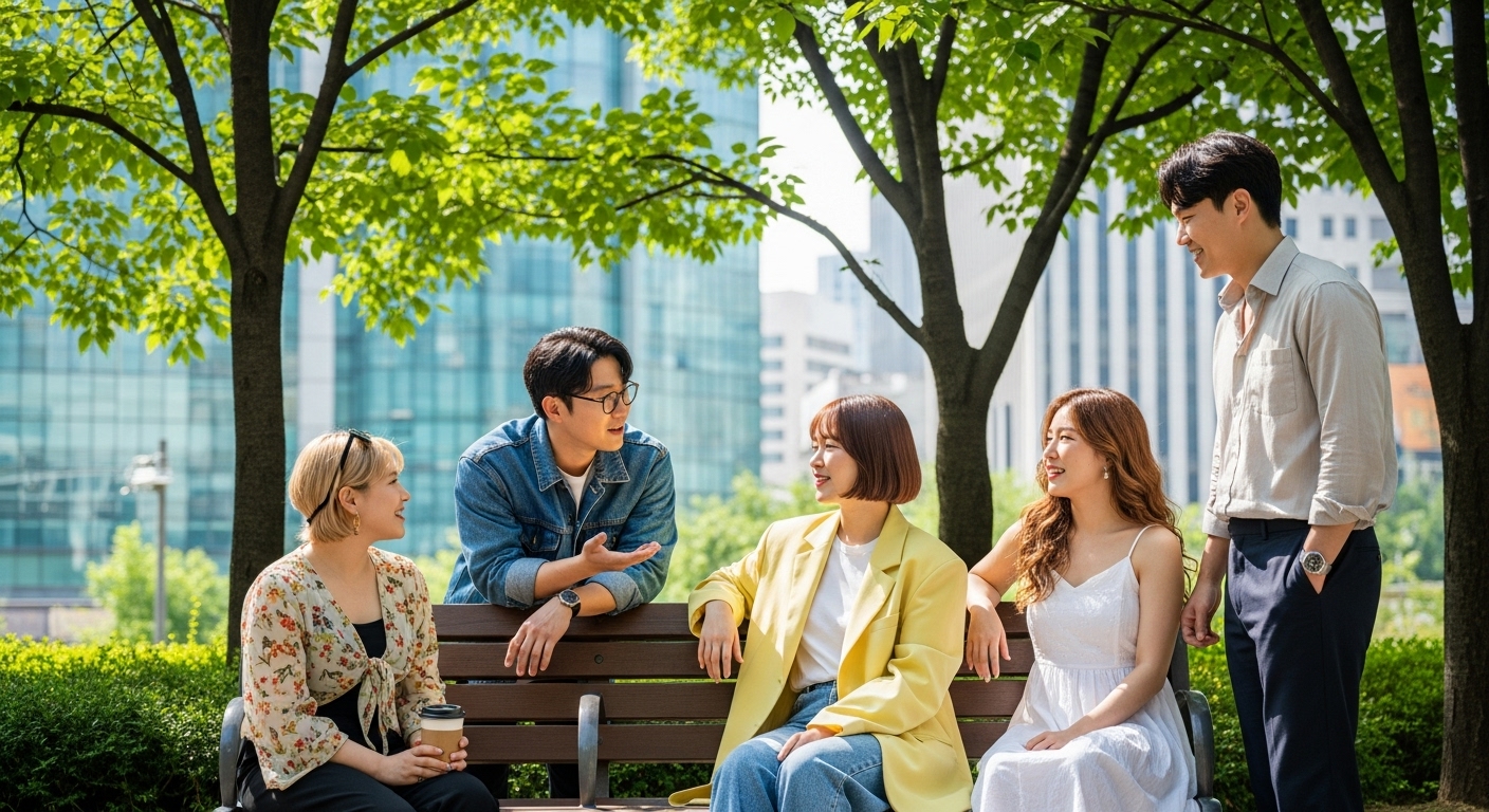 도심 공원에서 현대 연애 트렌드와 문화 차이에 대해 이야기하는 젊은 성인들