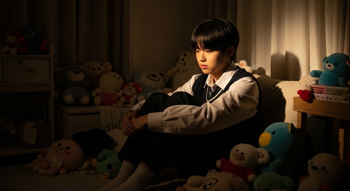 어두운 방에서 인형에 둘러싸여 외로워 보이는 표정을 짓고 있는 한국 청소년