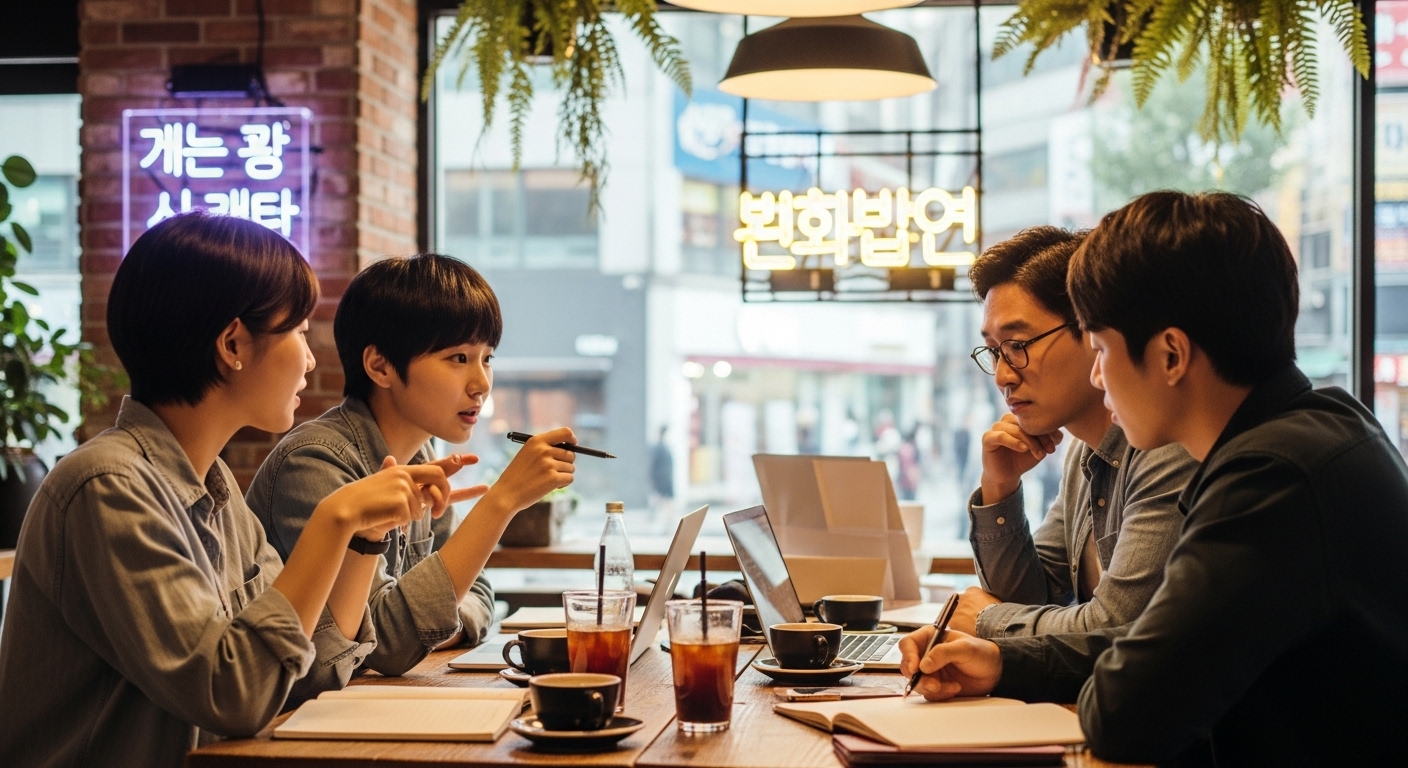 활기찬 분위기의 서울 카페에서 젊은이들이 창의적인 대화를 나누는 장면
