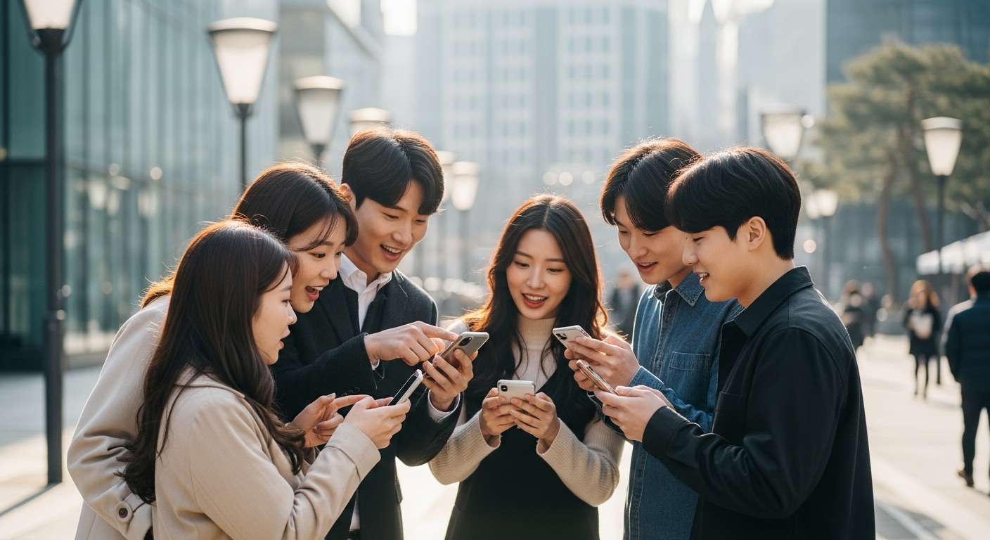 젊은 사람들이 스마트폰으로 앱 이벤트에 대해 이야기하며 즐거워하는 모습