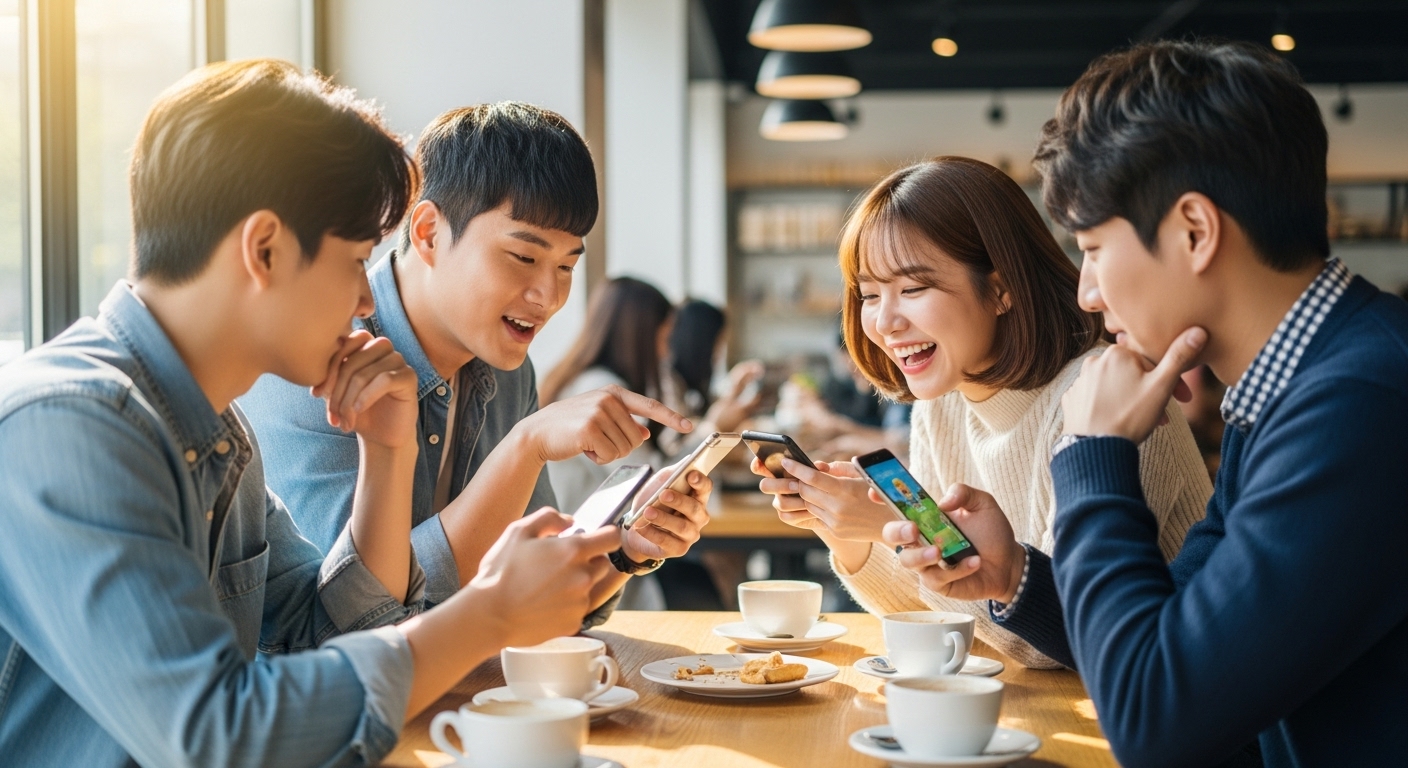 테이블에 모여앉아 앱 게임에 대한 팁을 나누며 활발히 대화하는 친구들