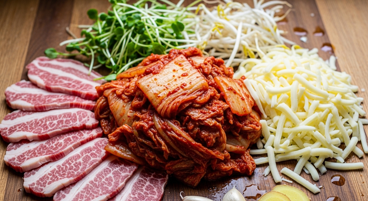 나무 조리대 위에 놓인 숙주나물, 익은 김치, 차돌박이 슬라이스, 모차렐라 치즈