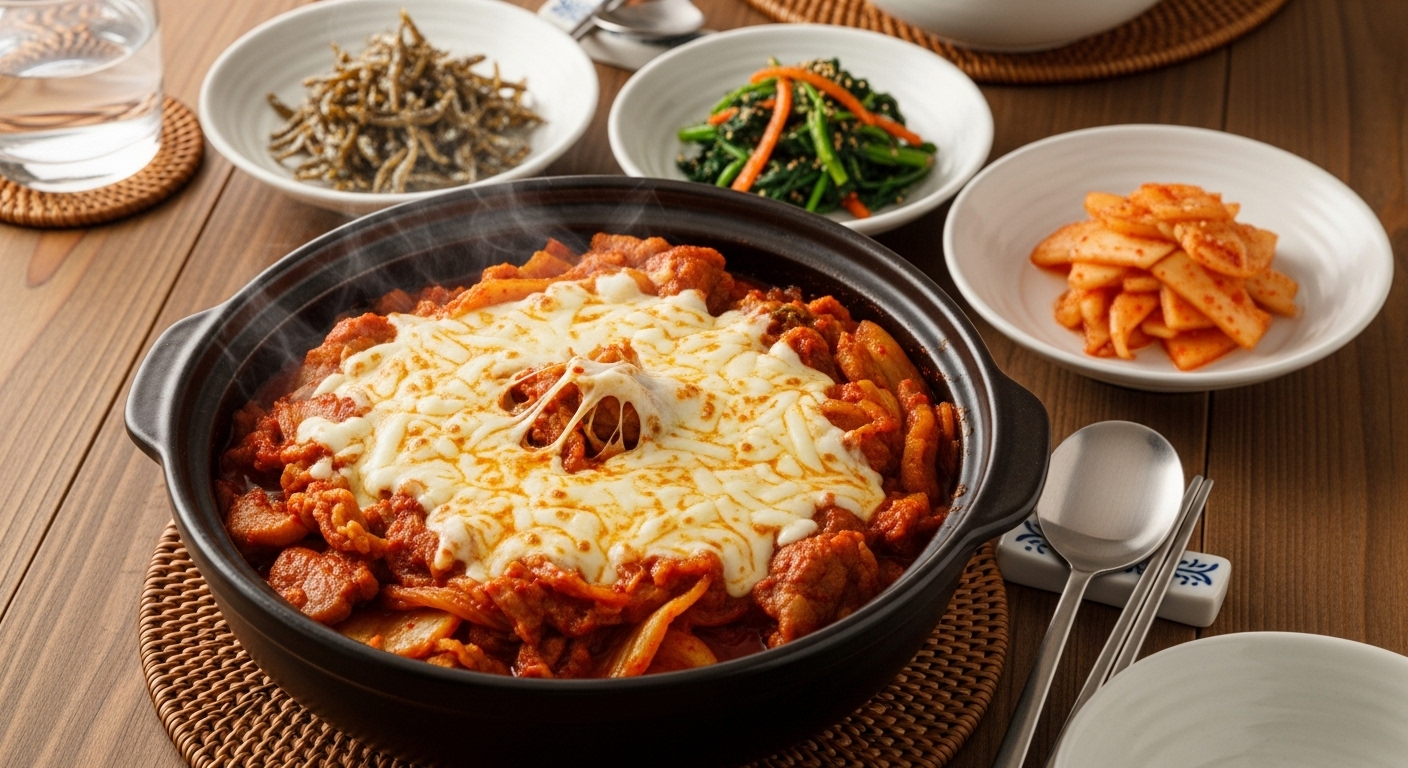 식탁에 놓인 완성된 치즈김치찜의 비주얼과 홈 다이닝 세팅