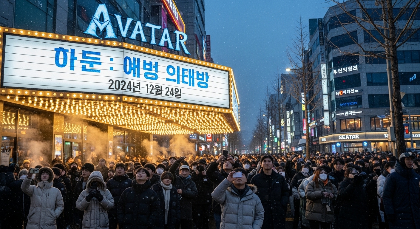 겨울옷을 입은 사람들이 아바타 개봉일이 적힌 한국 영화관 간판 앞에 모여 있는 모습