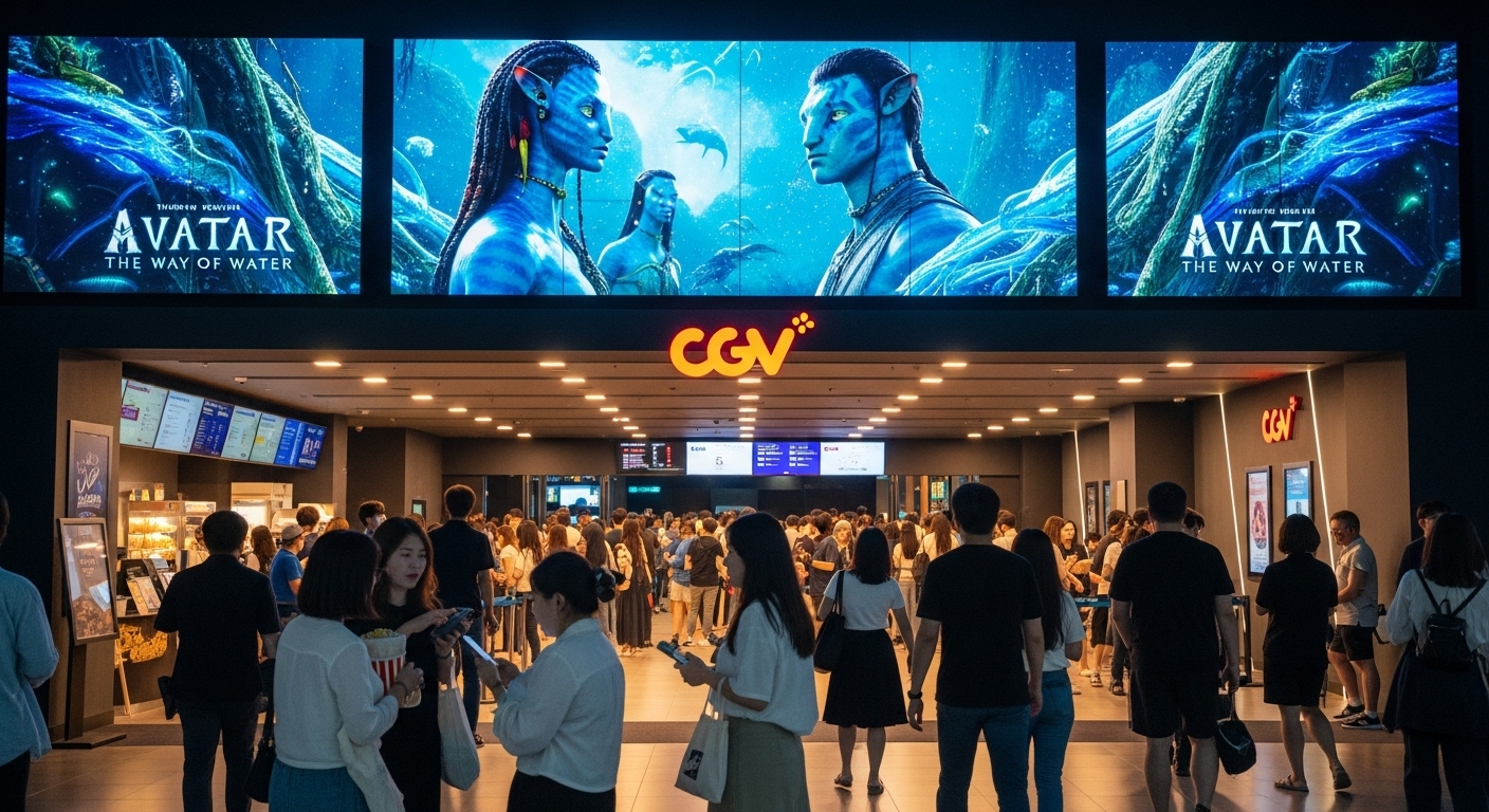 디지털 스크린에 '아바타: 불과 재'가 표시된 바쁜 CGV 영화관 입구의 활기찬 분위기