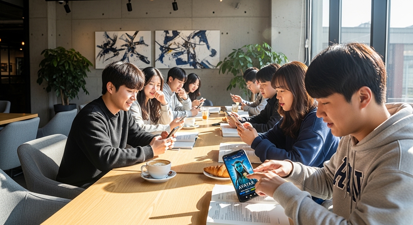 현대적인 카페에서 스마트폰으로 아바타 영화 티켓을 예매하는 학생들