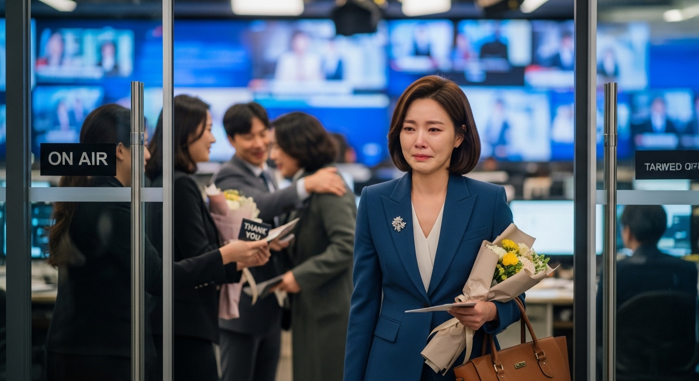 뉴스 스튜디오를 마지막으로 떠나는 현대적인 여성 아나운서의 모습