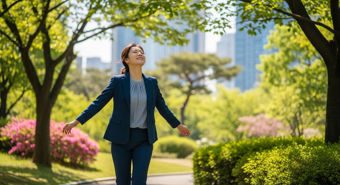 정장을 입은 여성이 도심 공원을 걷는 자유로운 모습