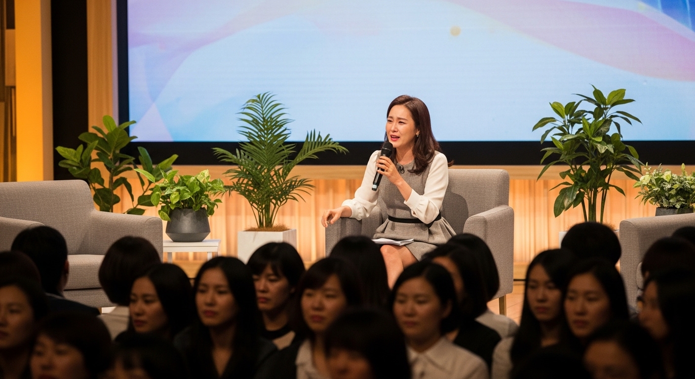 관객들이 주목하는 가운데 자신의 이야기를 나누는 여성의 감동적인 순간