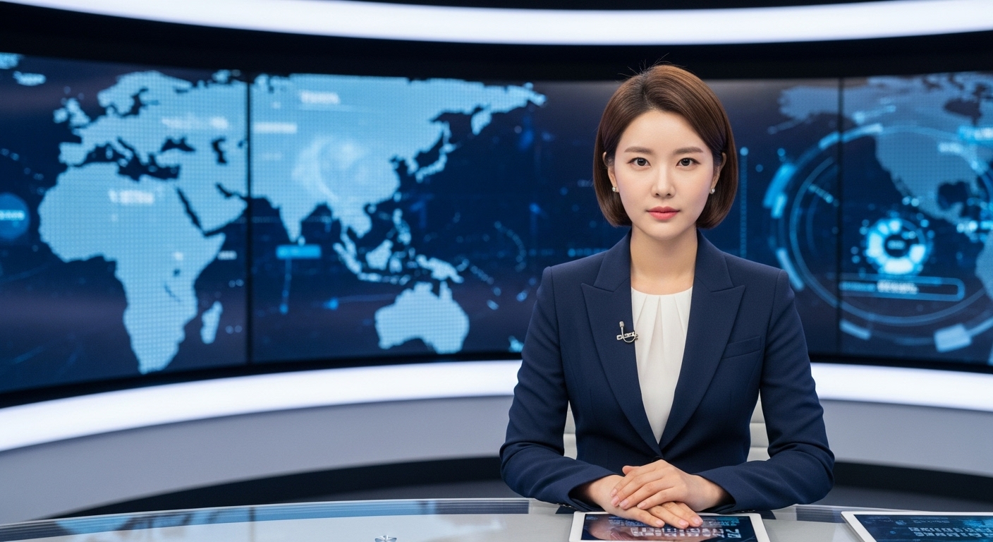 현대적인 TV 스튜디오에서 자신감 있게 뉴스를 진행하는 여성 앵커의 모습