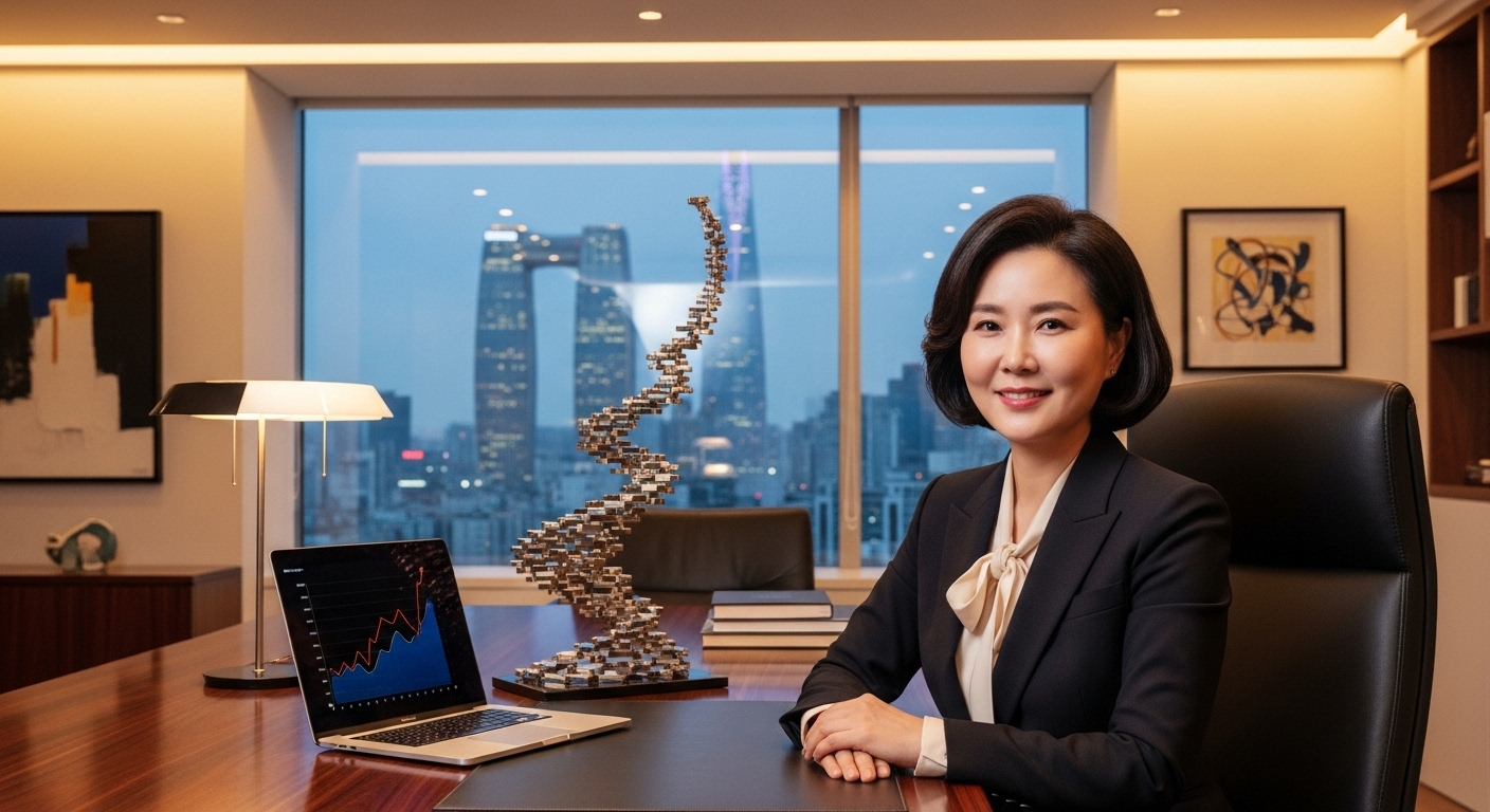 세련된 사무실 환경에서 성장과 변화를 상징하는 한국 미디어 임원의 초상화