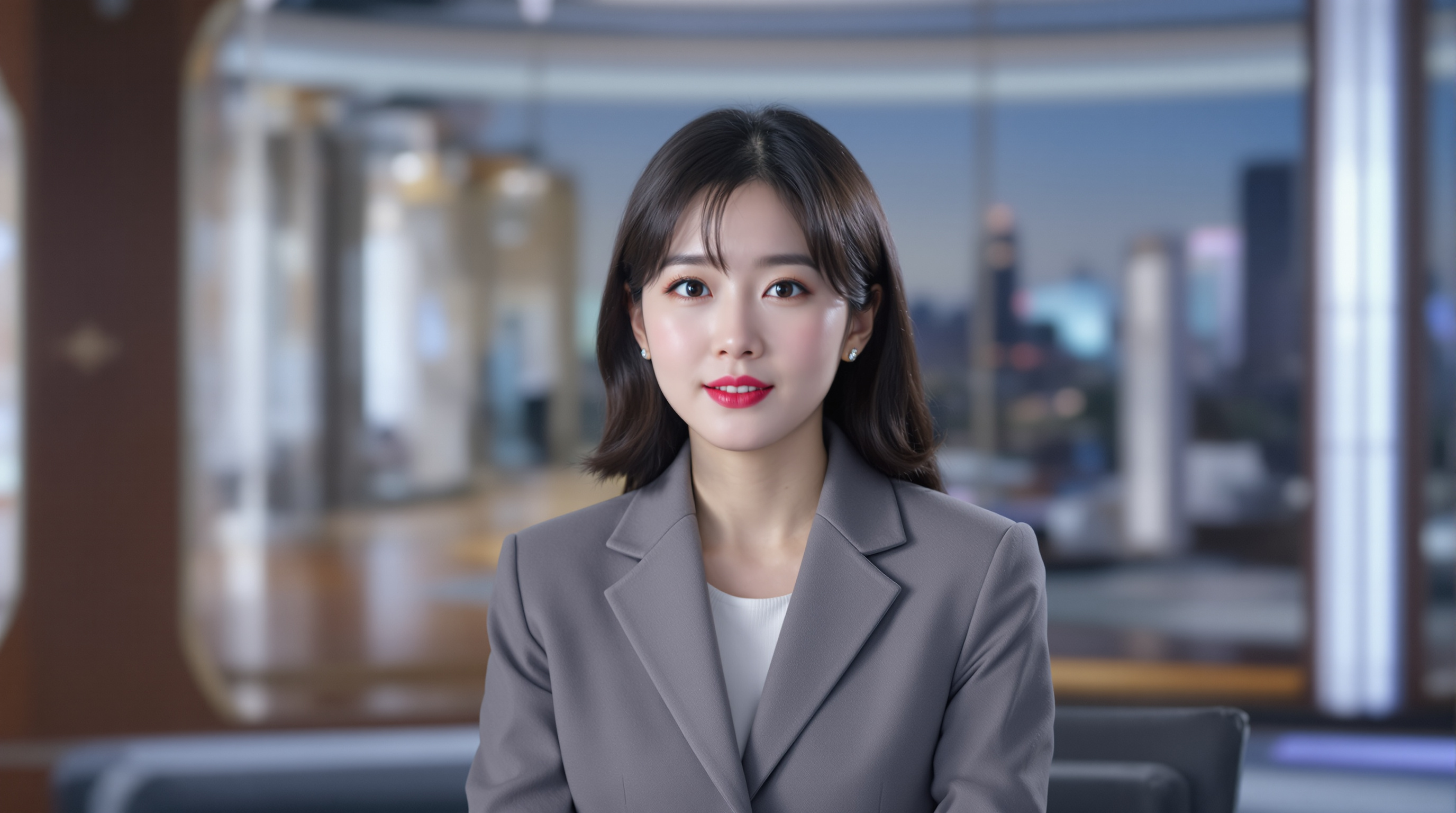 우아한 뉴스룸에서 차분한 표정으로 생방송을 진행하는 여성 앵커의 역사적인 순간
