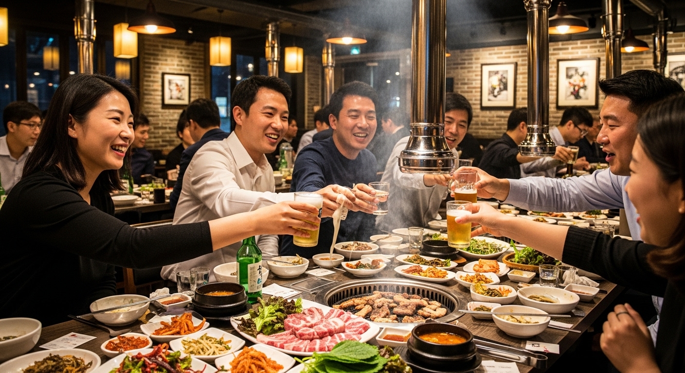 한국의 회사원들이 편안한 분위기에서 웃으며 건배를 나누는 모습