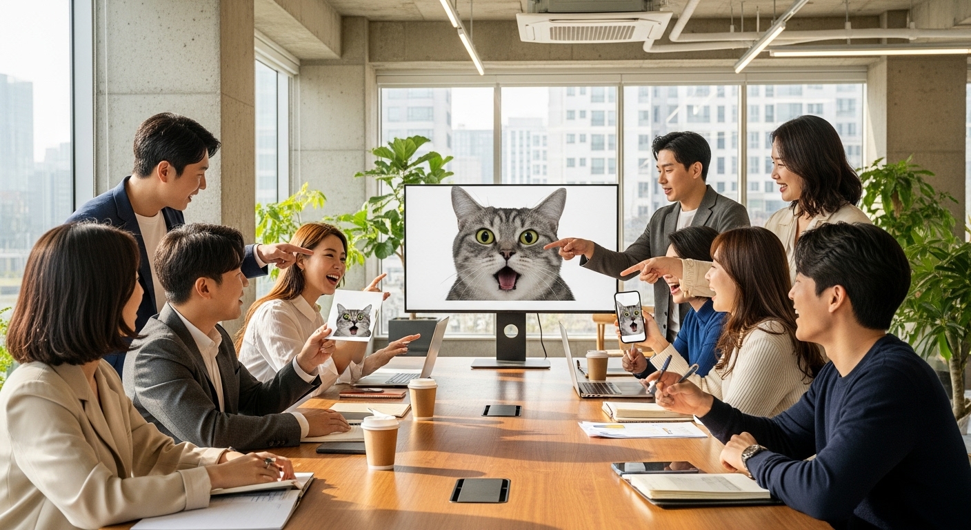 젊은 직장인들이 사무실에서 밈을 공유하며 웃고 있는 장면