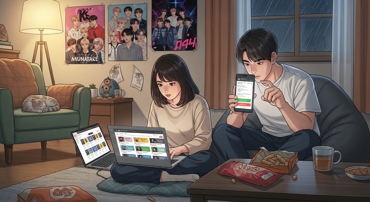 팬들이 집에서 스마트폰과 노트북으로 온라인으로 콘서트 티켓을 예약하는 모습