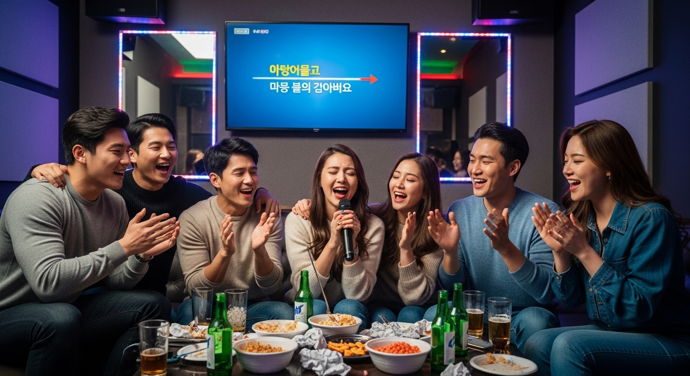 친구들이 함께 즐겁게 노래방에서 노래를 부르는 모습