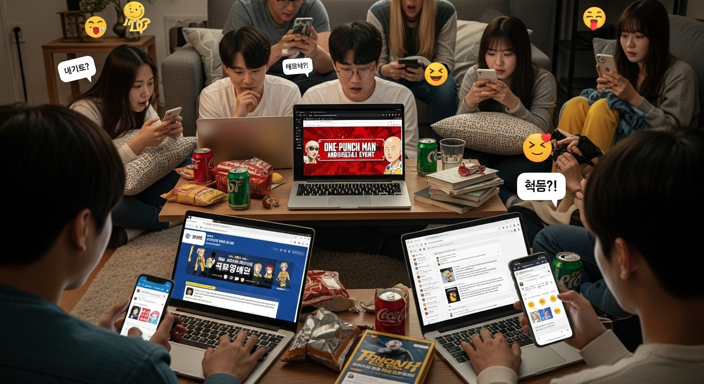 온라인 팬 커뮤니티에서 원펀맨 기념 행사에 대해 토론하는 팬들