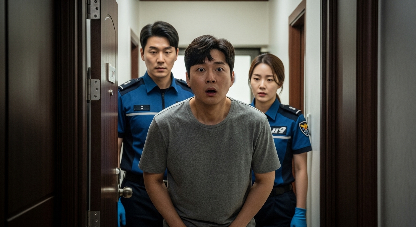 응급구조대원들 앞에서 충격을 가장하고 있는 한국인 남성