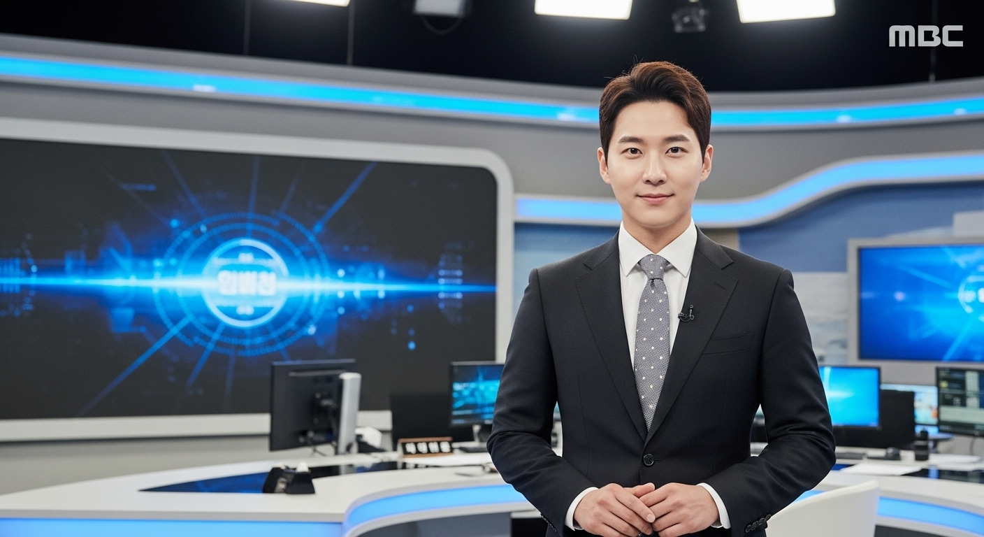 깔끔한 외모와 정장을 입고 MBC 스튜디오에 서 있는 젊은 남성 아나운서