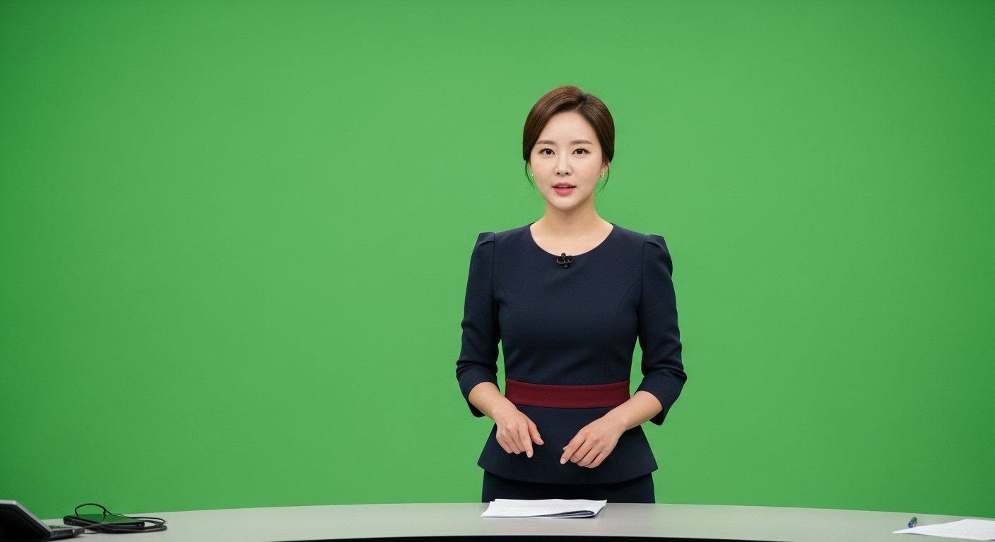 그린 스크린 앞에서 기상 예보를 전달하는 전문적인 모습의 한국인 기상캐스터