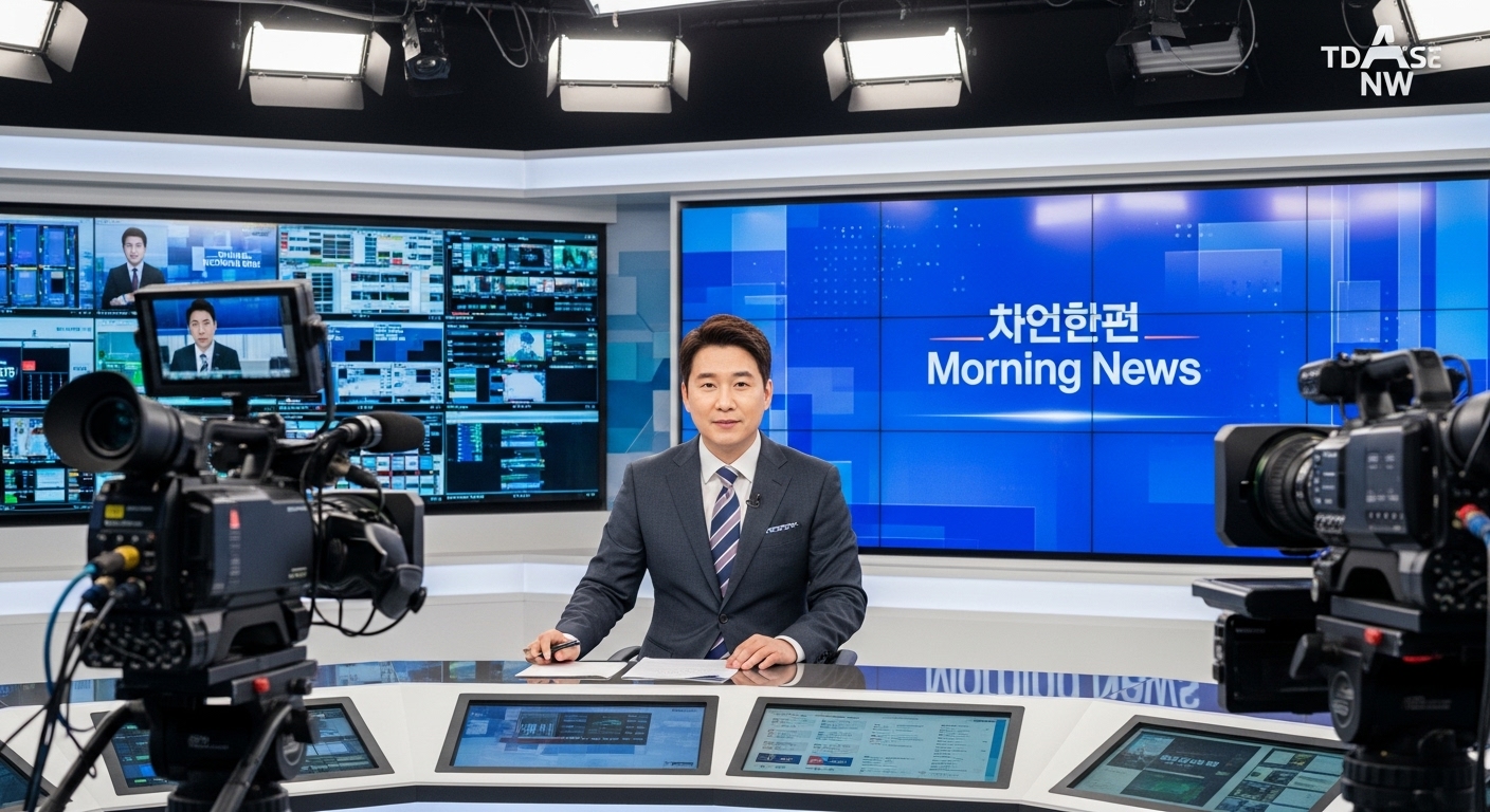 뉴스 데스크에서 모닝쇼를 진행하는 한국인 뉴스 앵커의 모습