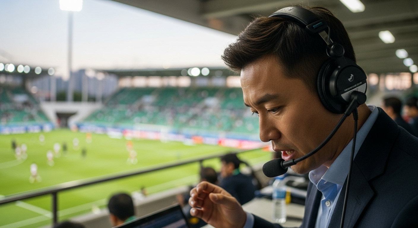 축구 경기장에서 헤드폰과 마이크를 착용하고 중계를 하는 한국인 스포츠 캐스터