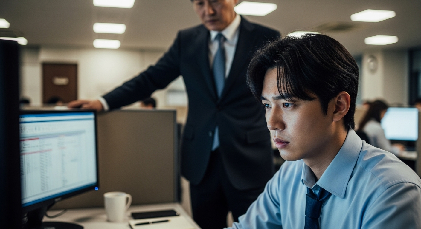 상사의 존재감 속에서 압박을 받는 직장 내 스트레스 상황 묘사