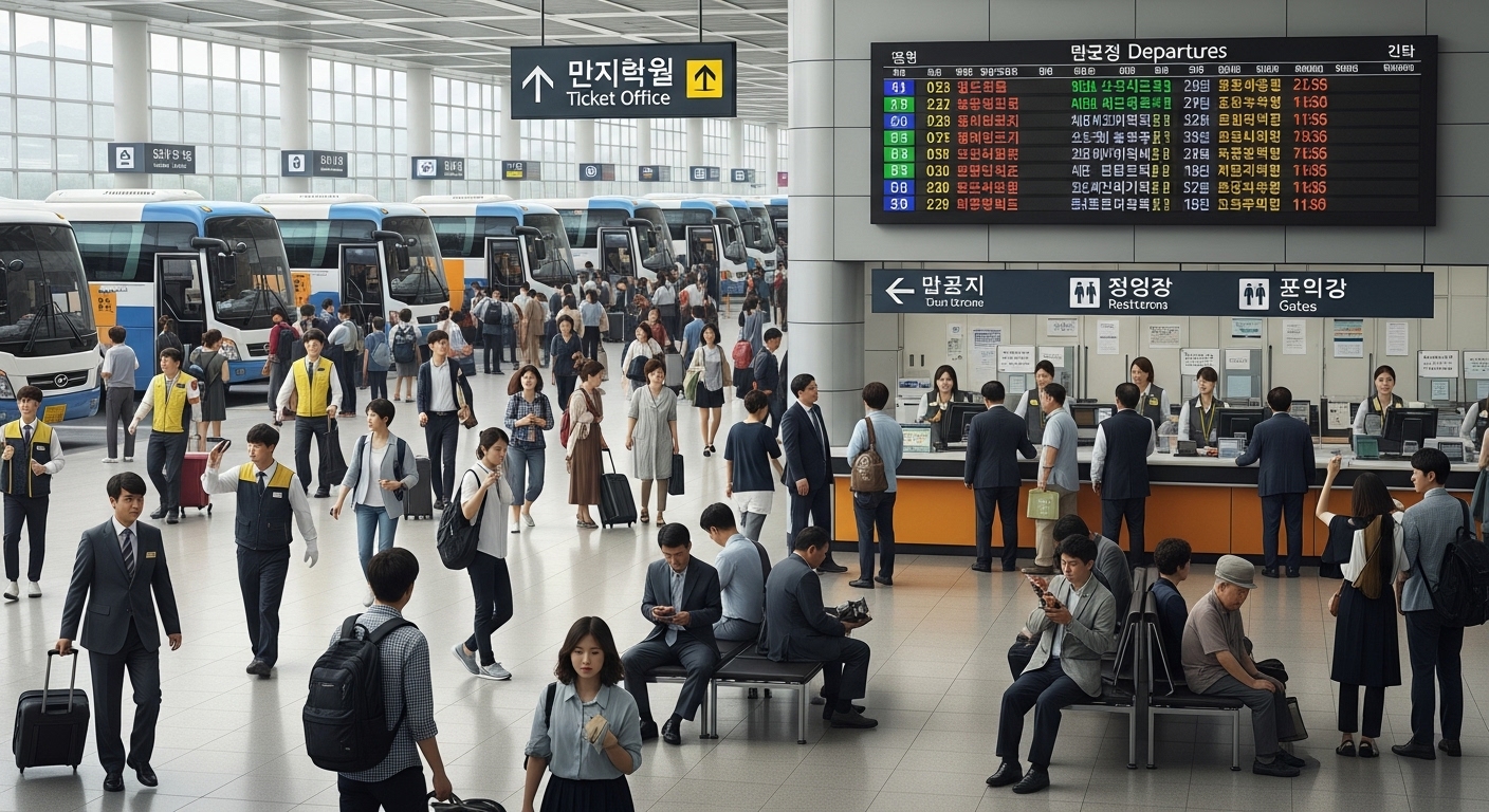 고속버스터미널에서 다양한 역할을 수행하는 직원들의 모습