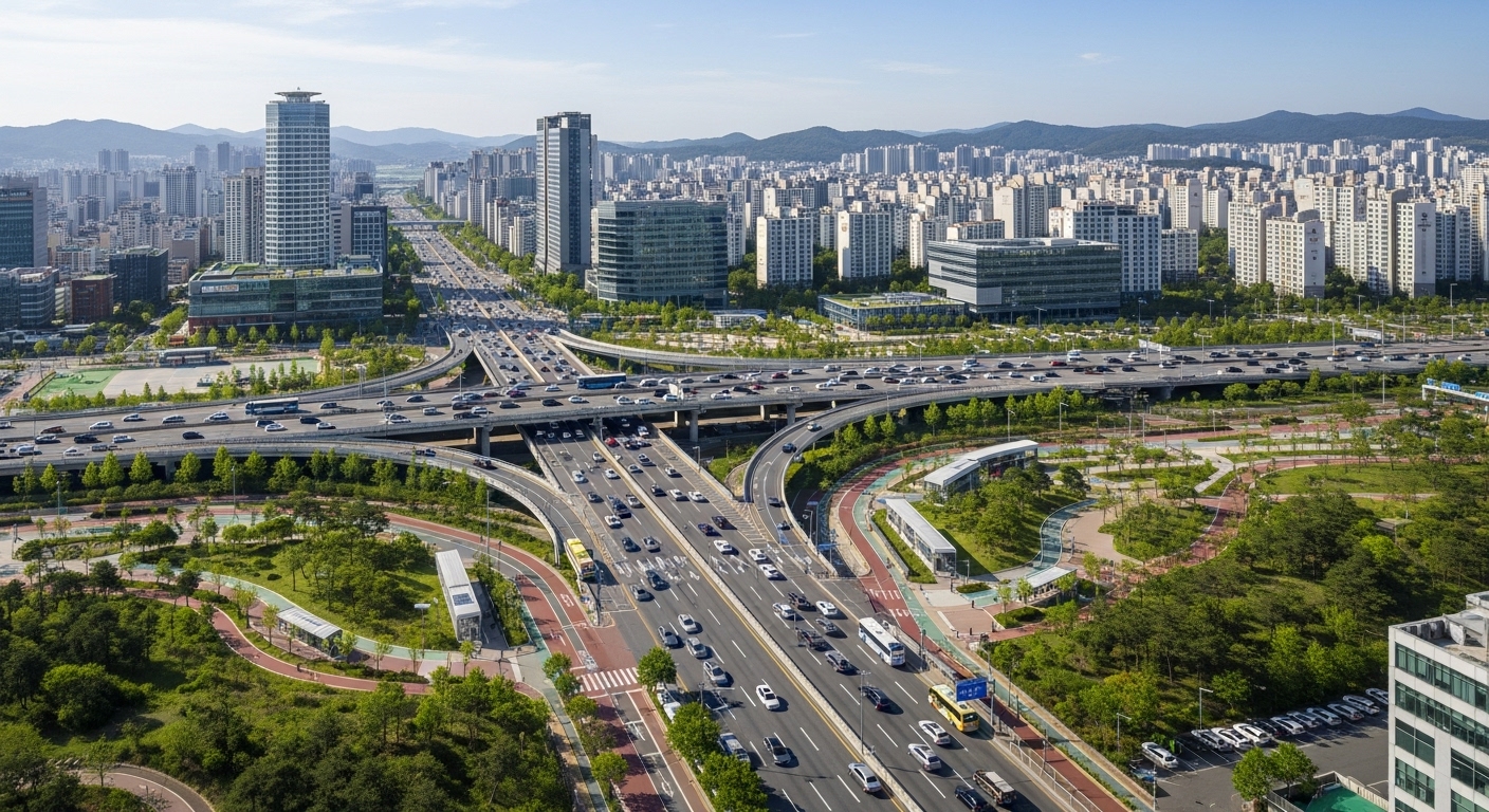 도로와 공원이 잘 갖춰진 현대적인 한국 도시 풍경