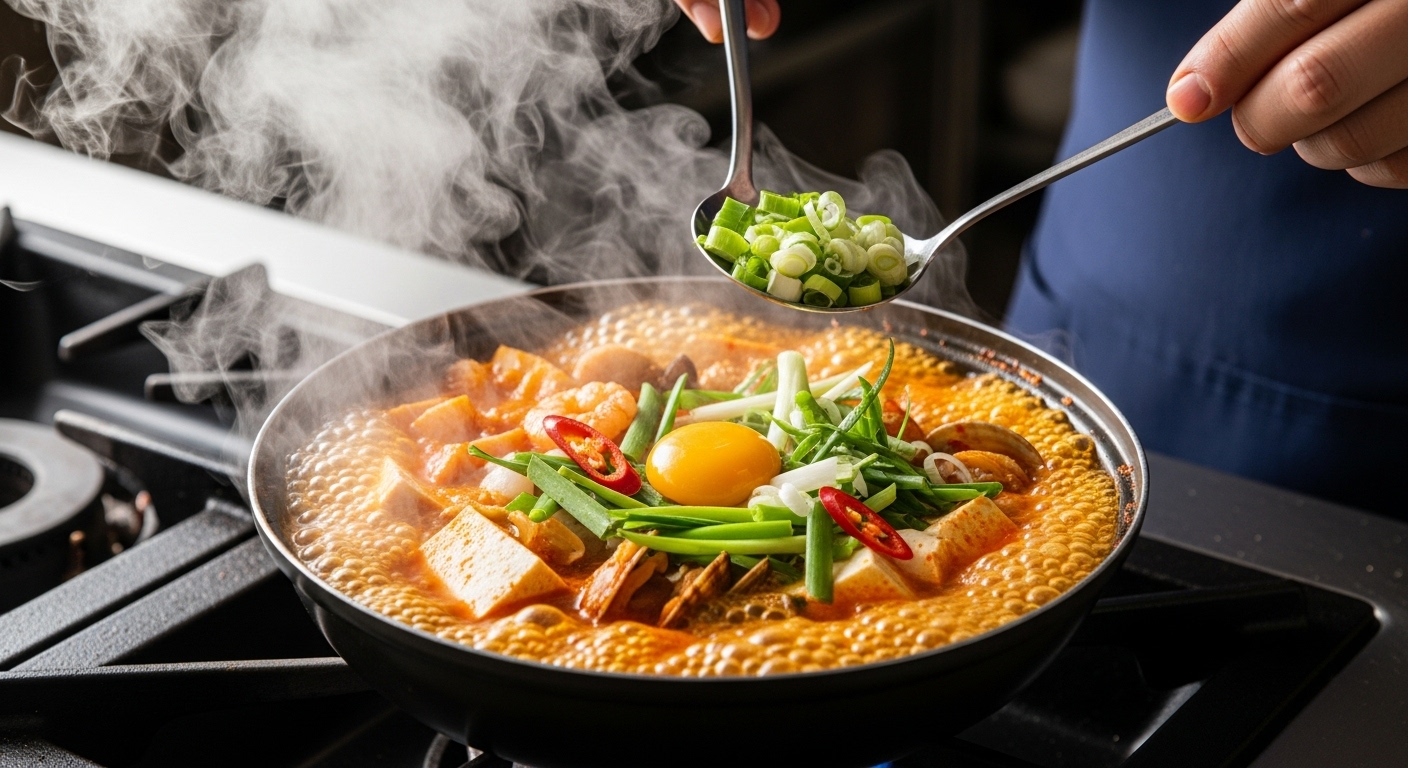 끓고 있는 화려한 색감의 순두부찌개와 마지막 손질 중인 셰프