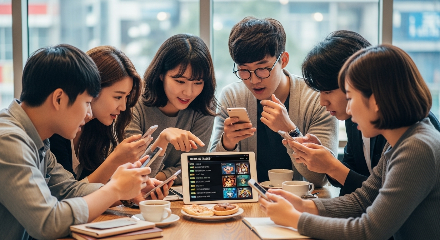 최신 타오판 쿠폰 코드를 논의하며 스마트 기기를 사용하는 친구들 그룹