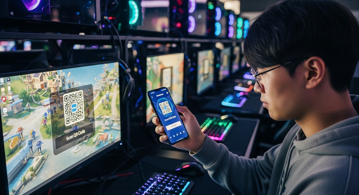 스마트폰으로 피시방에서 QR 코드를 스캔하는 젊은 게이머의 모습