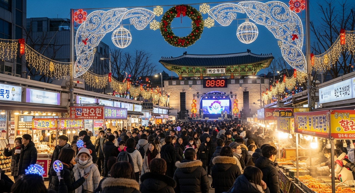 야경과 함께 붐비는 광화문 마켓의 풍경