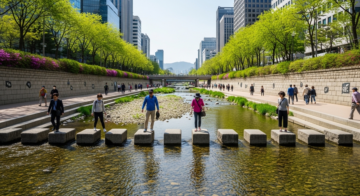 서울 도심 속 얕은 물과 산책로가 있는 청계천 전경