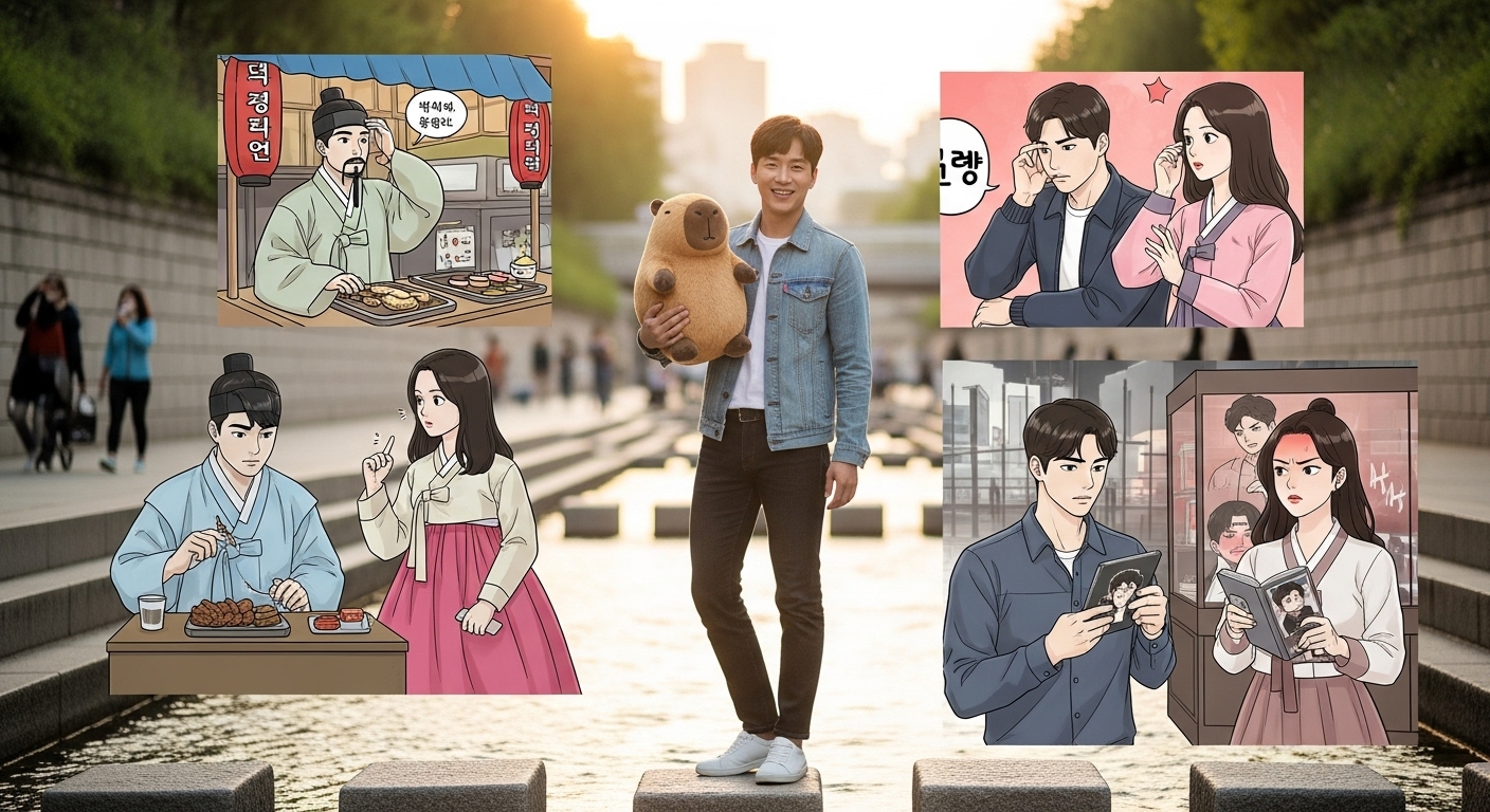 청계천에서 인형을 든 남성과 이를 주제로 한 팬아트들