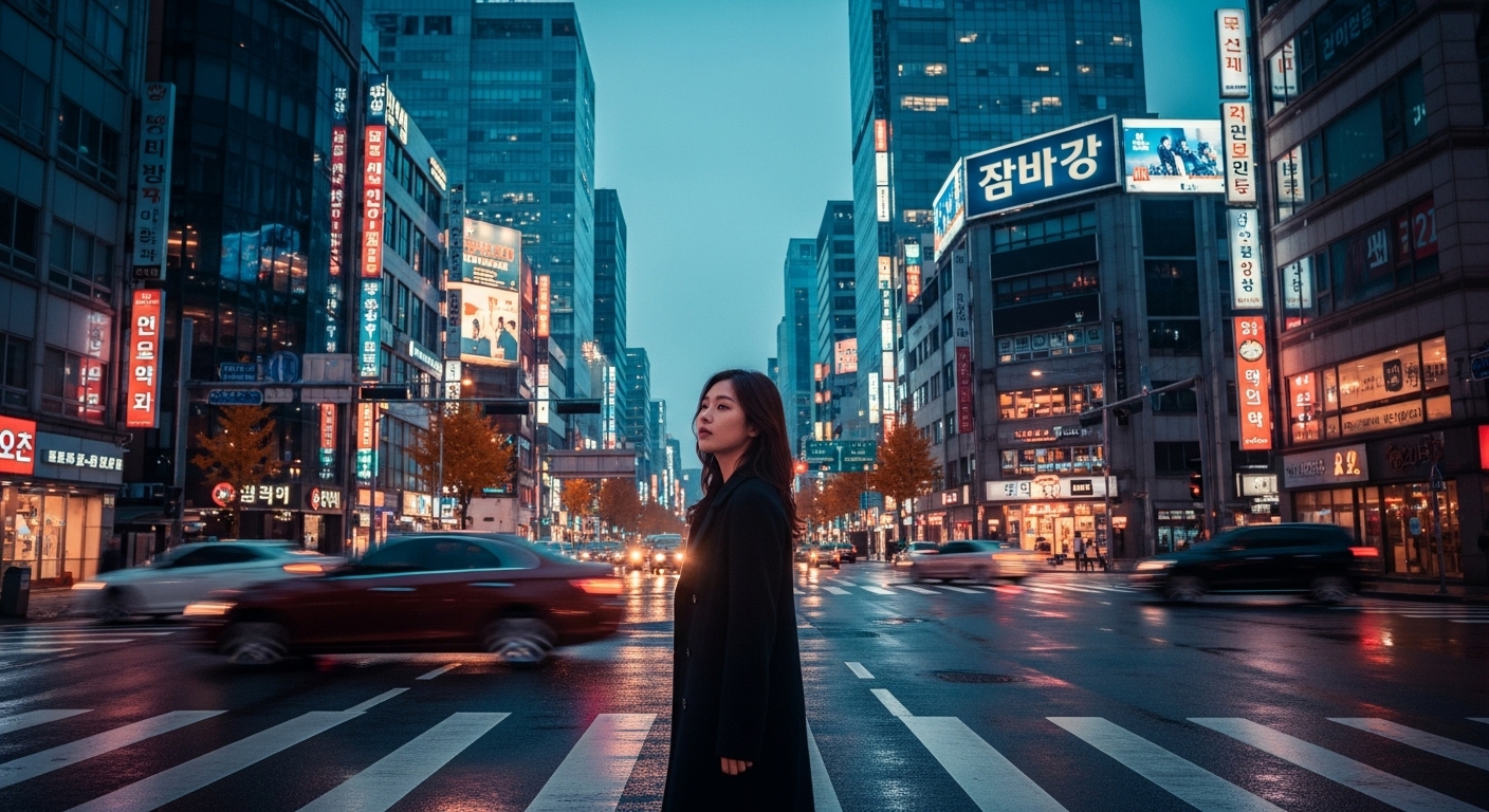 황혼 무렵 갈림길에 서 있는 여성이 상징하는 도덕적 딜레마와 선택