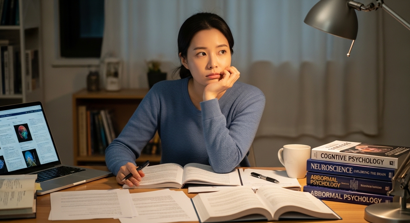 책상 위에 심리학 서적과 자료가 쌓인 가운데 사색에 잠긴 여성