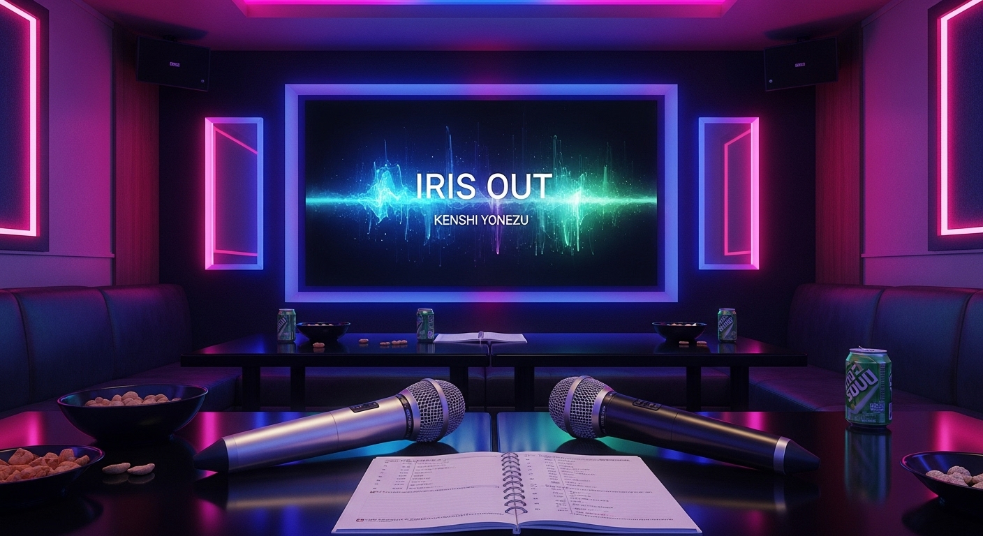 한국의 현대적 노래방에서 요네즈 켄시의 'IRIS OUT'이 디스플레이에 표시된 장면