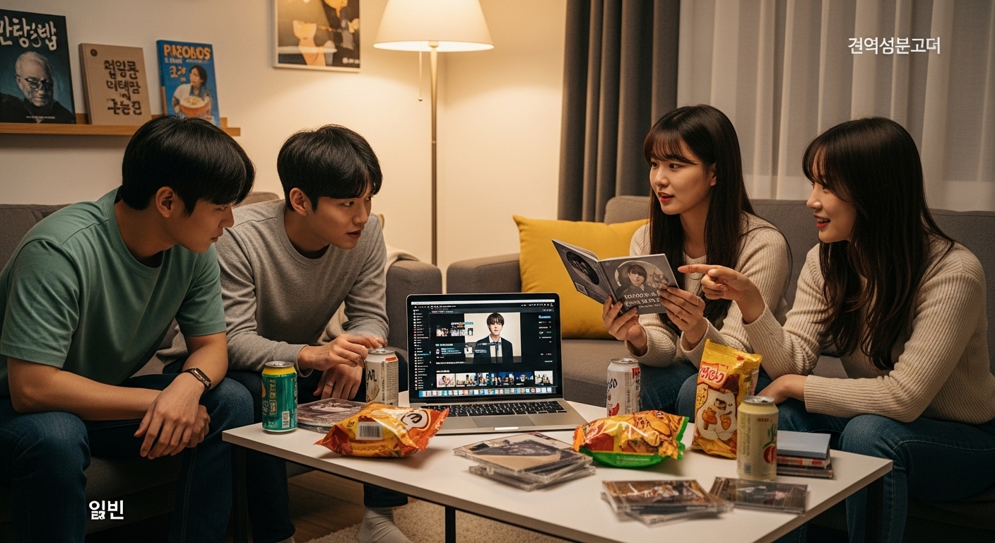 젊은 친구들이 거실에서 J-POP 음악을 들으며 가사와 스타일을 토론하는 모습