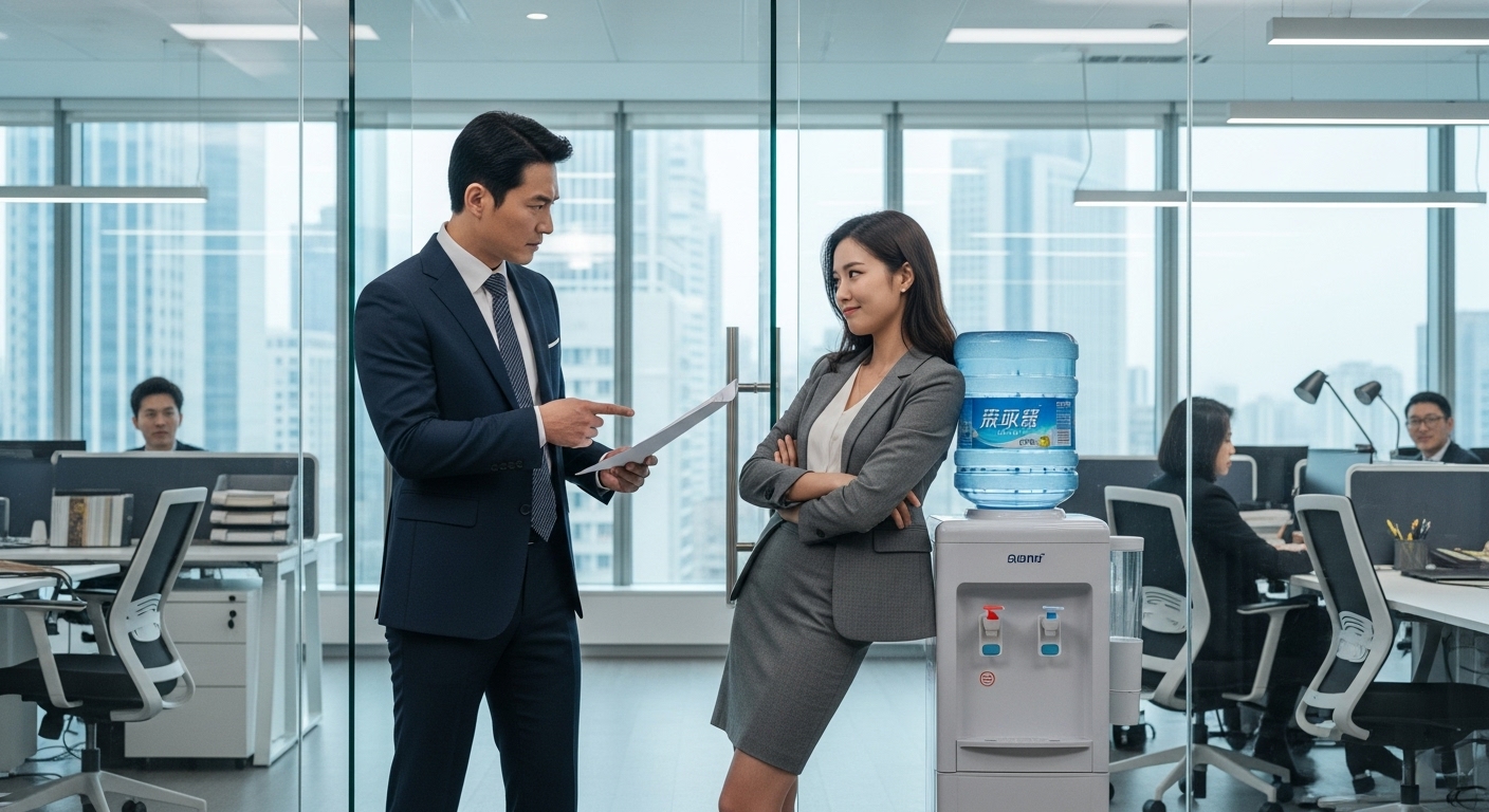현대적인 중국 오피스에서 냉철한 한국인 CEO와 재치 있는 여성 직원의 코믹한 대화