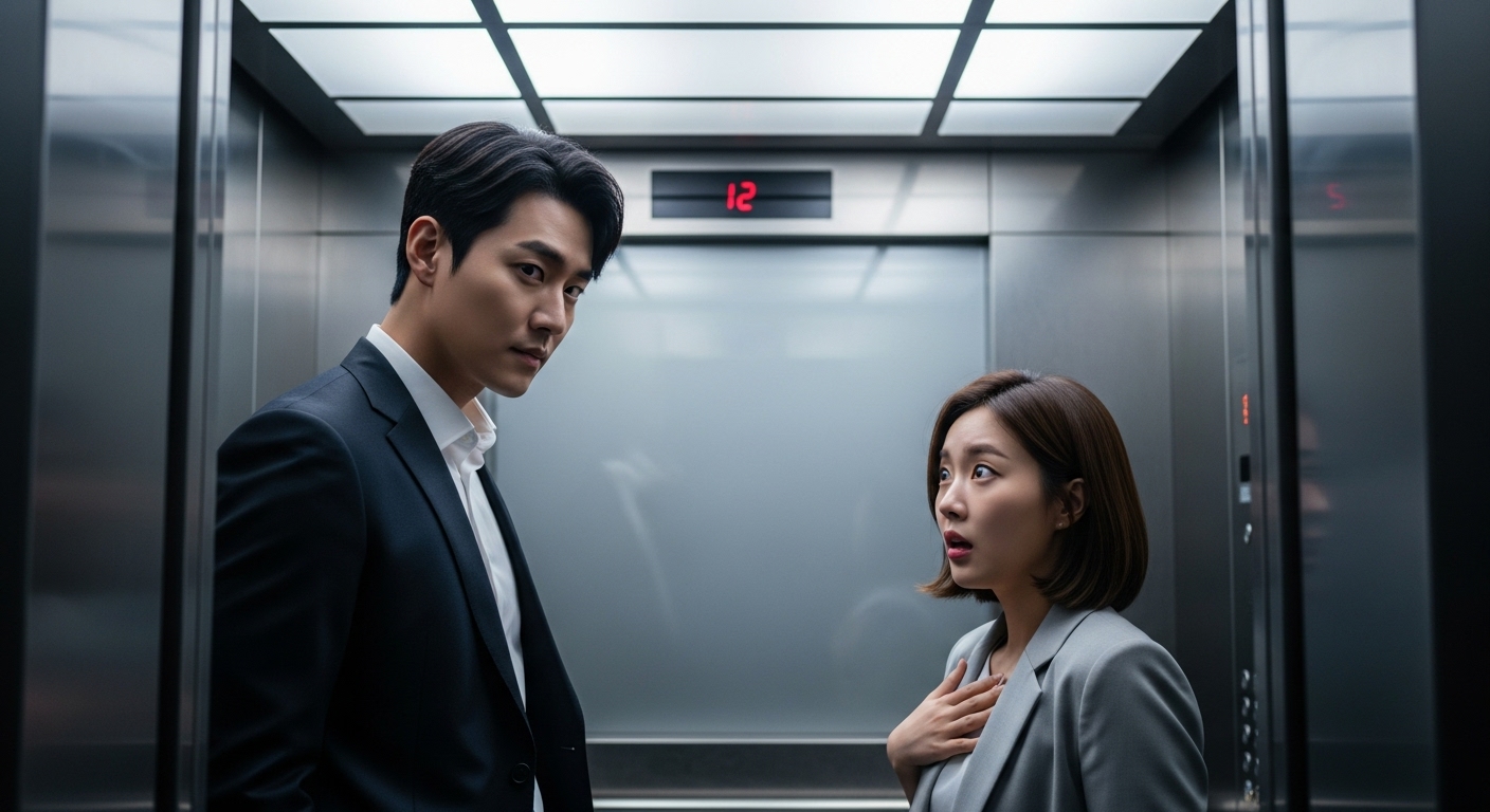사무실 건물 엘리베이터 안에서 날카로운 눈빛을 보내는 남성과 놀란 표정의 여성