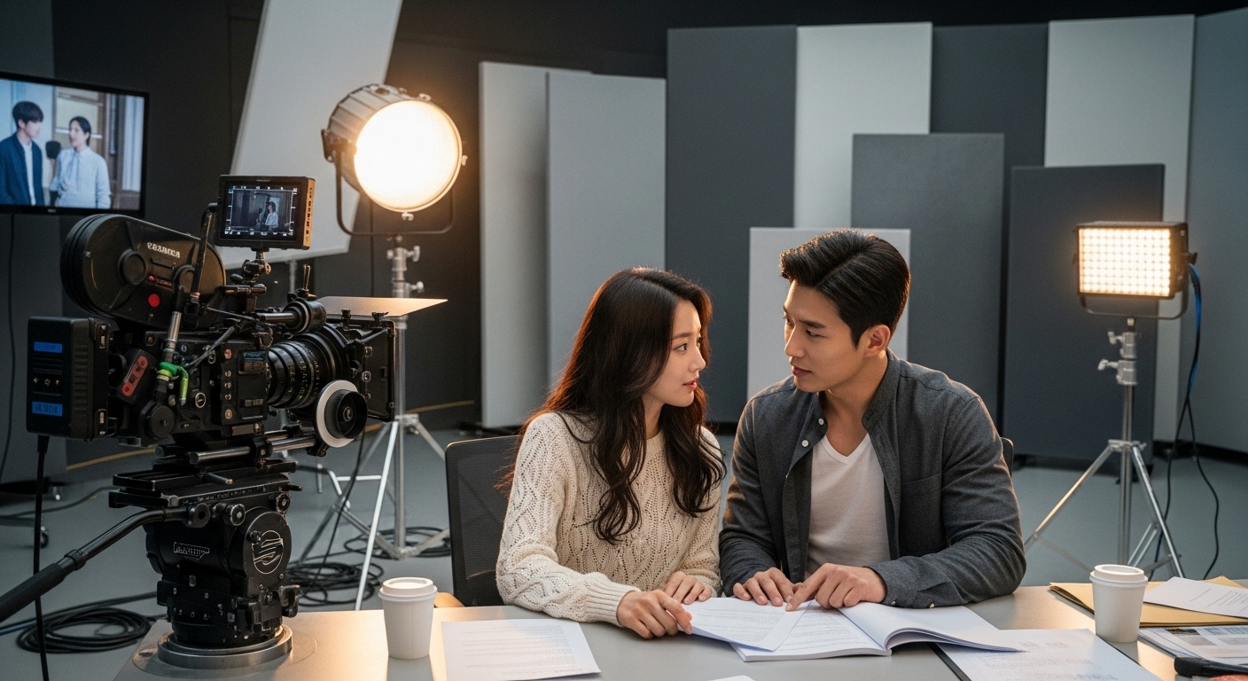 현대적 제작 스튜디오에서 로맨틱 드라마 대본을 논의하는 커플