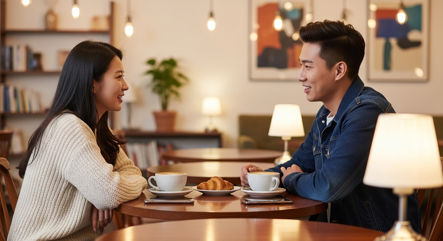 카페에서 대화를 나누는 두 인물의 따뜻한 장면