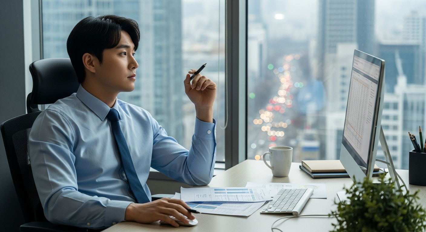 책상 앞에서 창밖을 바라보는 직장인의 고뇌하는 모습
