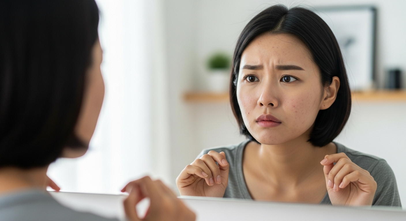 한 여성이 거울을 보며 피부 톤과 기미를 걱정하는 모습