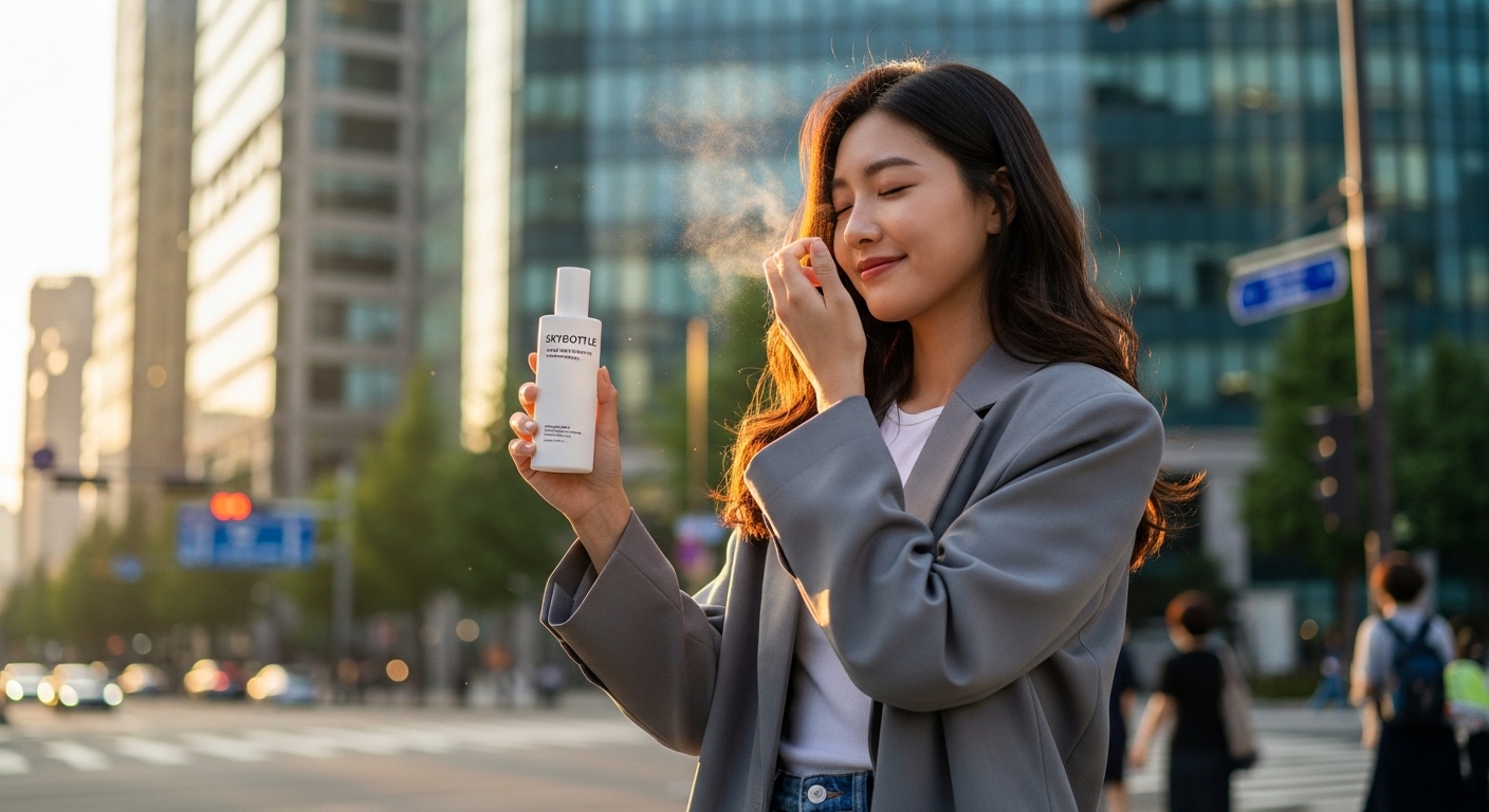 현대적인 도시 배경에서 스카이보틀 노워시 트리트먼트를 사용하는 젊은 여성의 모습