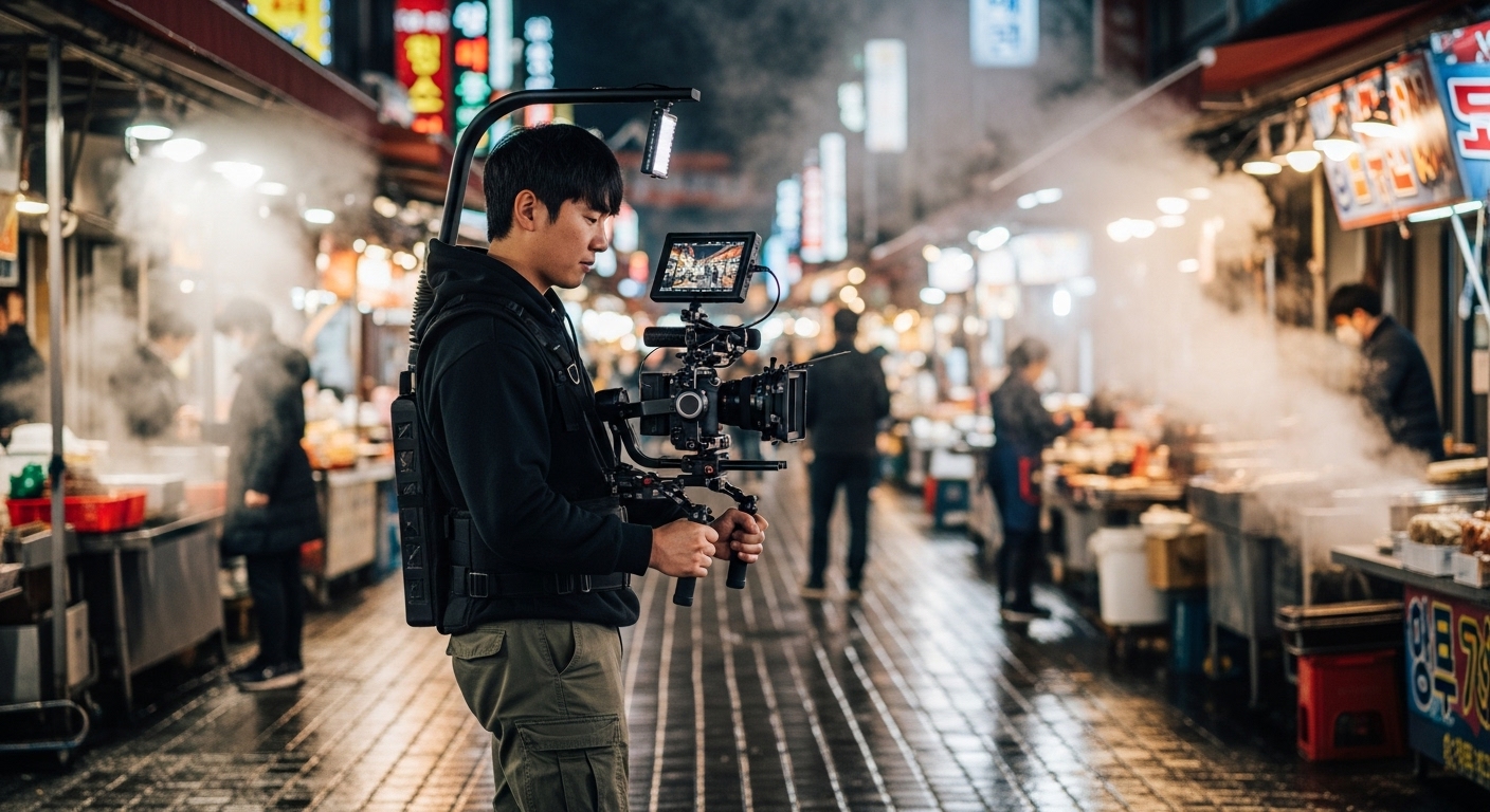 붐비는 야시장 거리에서 안정적인 영상을 촬영하는 젊은 비디오그래퍼