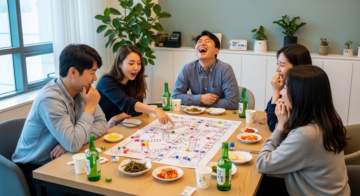 현대적인 실내에서 종이 사다리타기 게임을 하고 있는 친구들