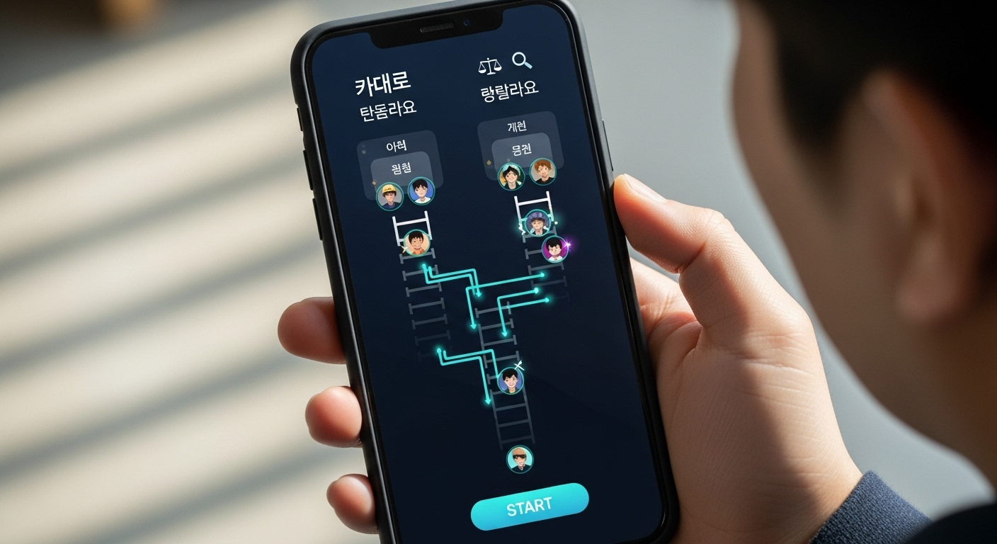 스마트폰 화면에 투명성과 공정성을 강조한 디지털 사다리 게임